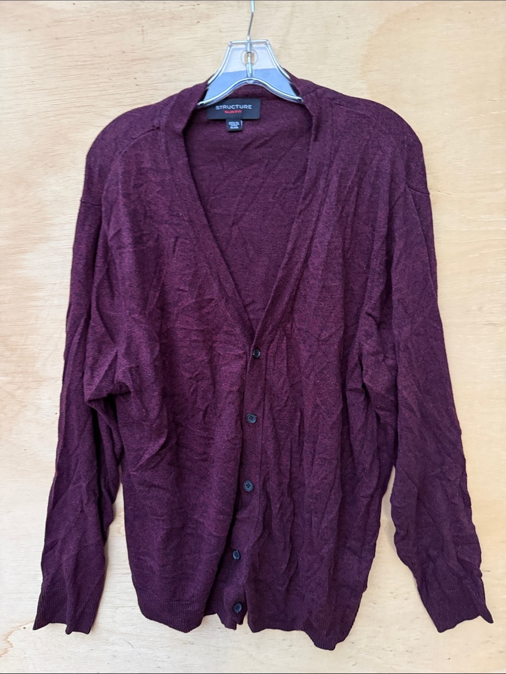 Structure Dark Maroon color Button-Front Men Cardigan 60% cotton size XL pockets